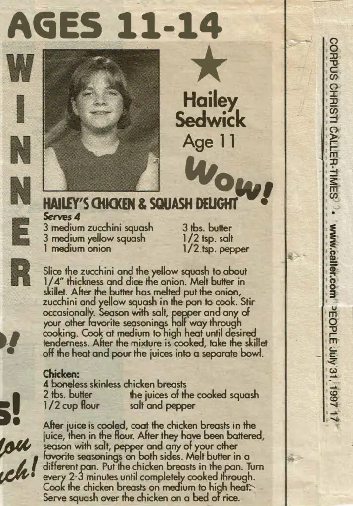 a newspaper clipping with a picture of Hailey at age 11 and her award winning Chicken & Squash Delight recipe written below