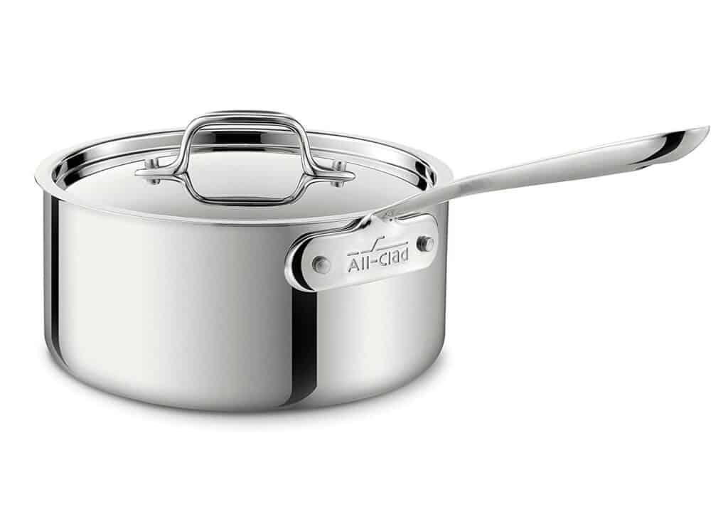 stainless steel All-Clad saucepan with lid