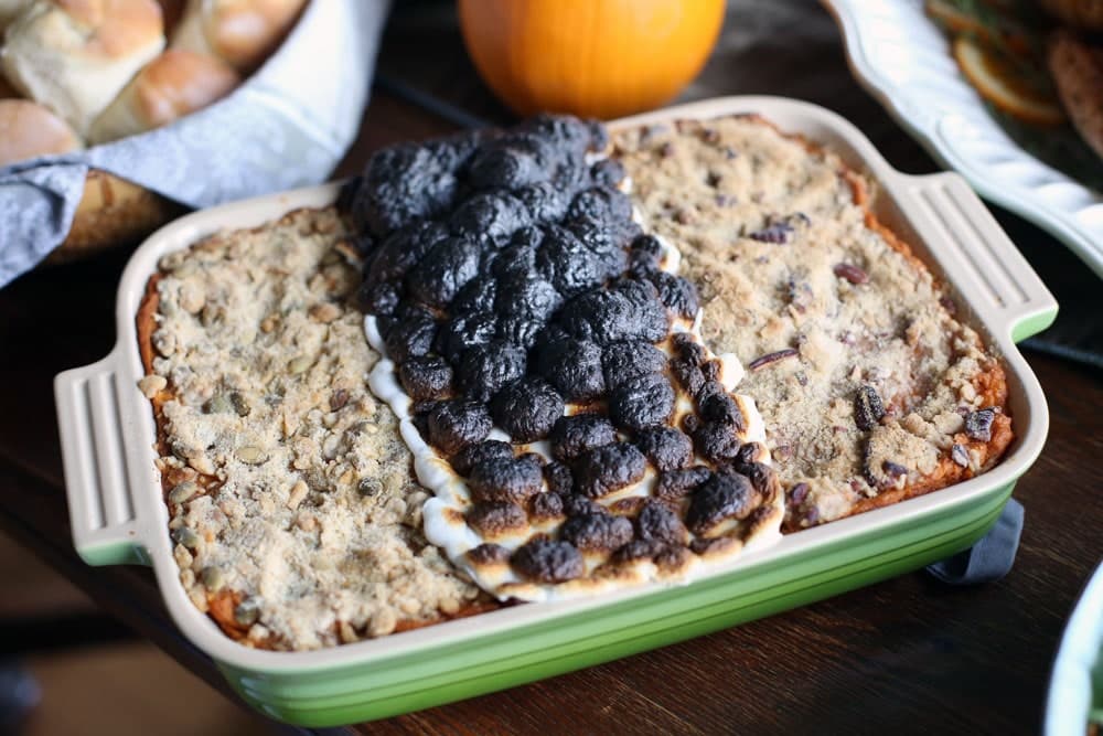 a sweet potato casserole with three different toppings arranged side by side