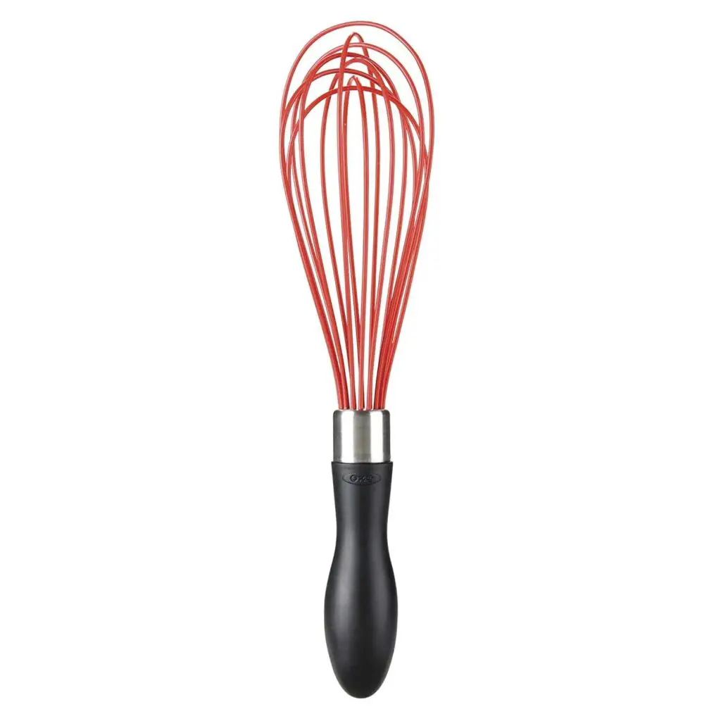 red silicone whisk with black plastic handle