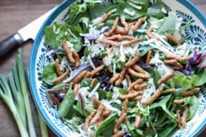 a shallow bowl with ornate blue pattern filled with a salad of mixed greens with chopped cabbage and carrot and sprinkled with crunchy sesame sticks