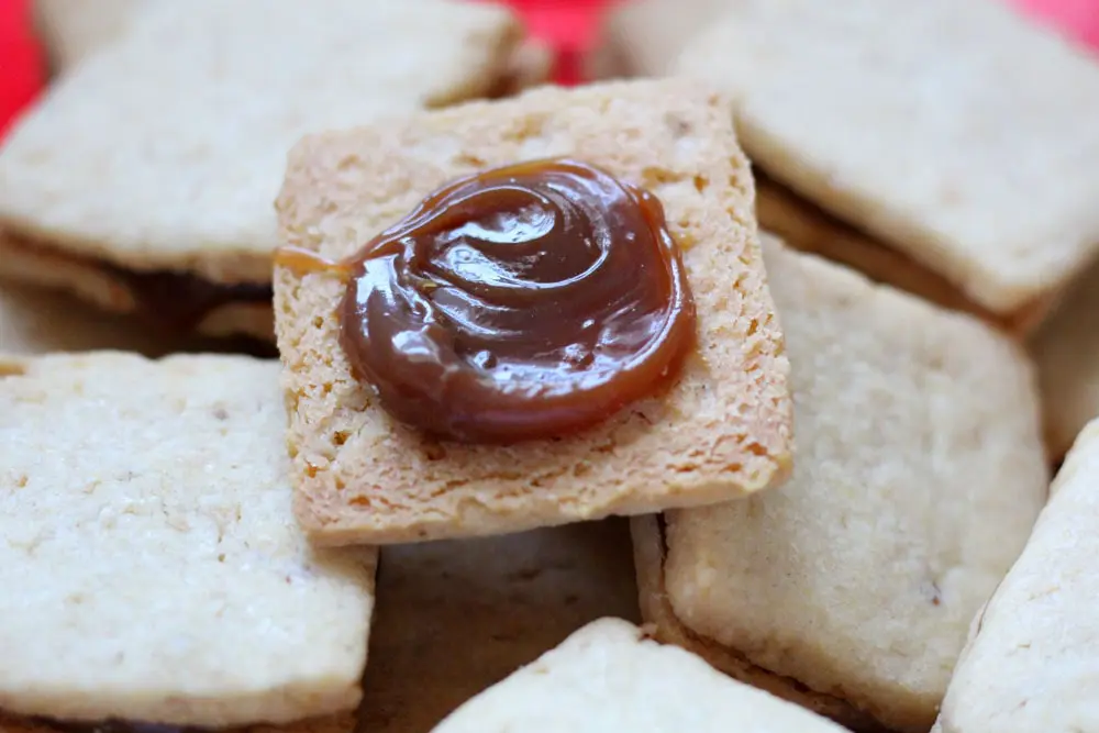 a square shortbread cookie spread with a swirl of light brown colored caramel