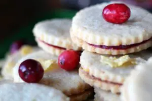 stacked Corn Flake Shortbread & Cranberry Jam Cookie Sandwiches