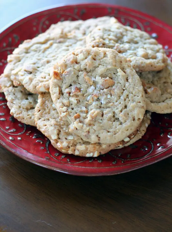 light brown colored cookies garnished with salt on a red plate