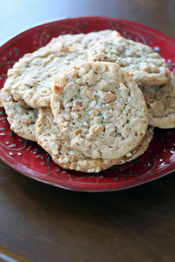 light brown colored cookies garnished with salt on a red plate