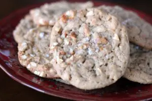 close view of salted peanut cookies on a red platter