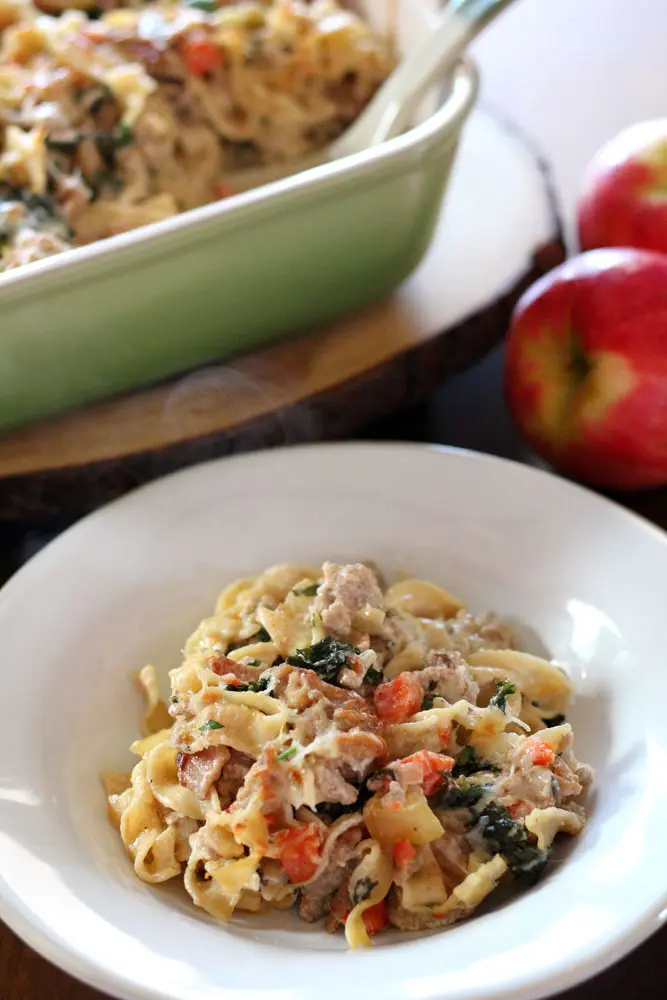 a portion of pork, bacon, and apple pasta casserole in a round white bowl