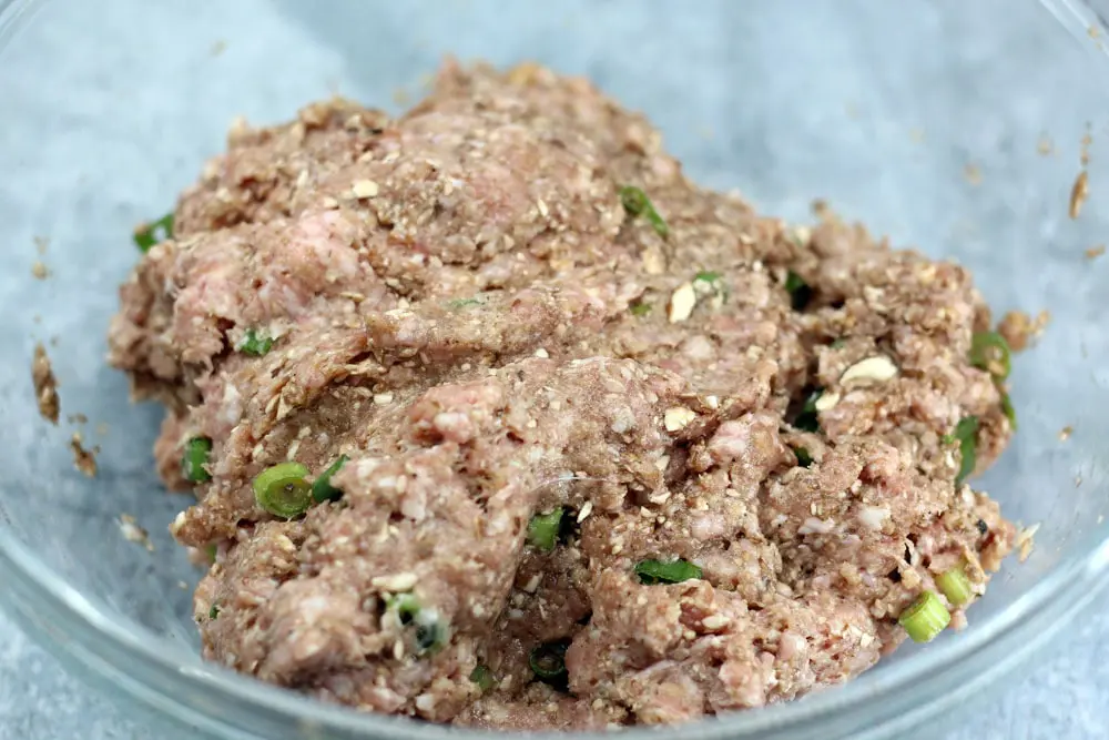 a mixture of ground pork with finely chopped mushrooms and scallions in a clear glass bowl