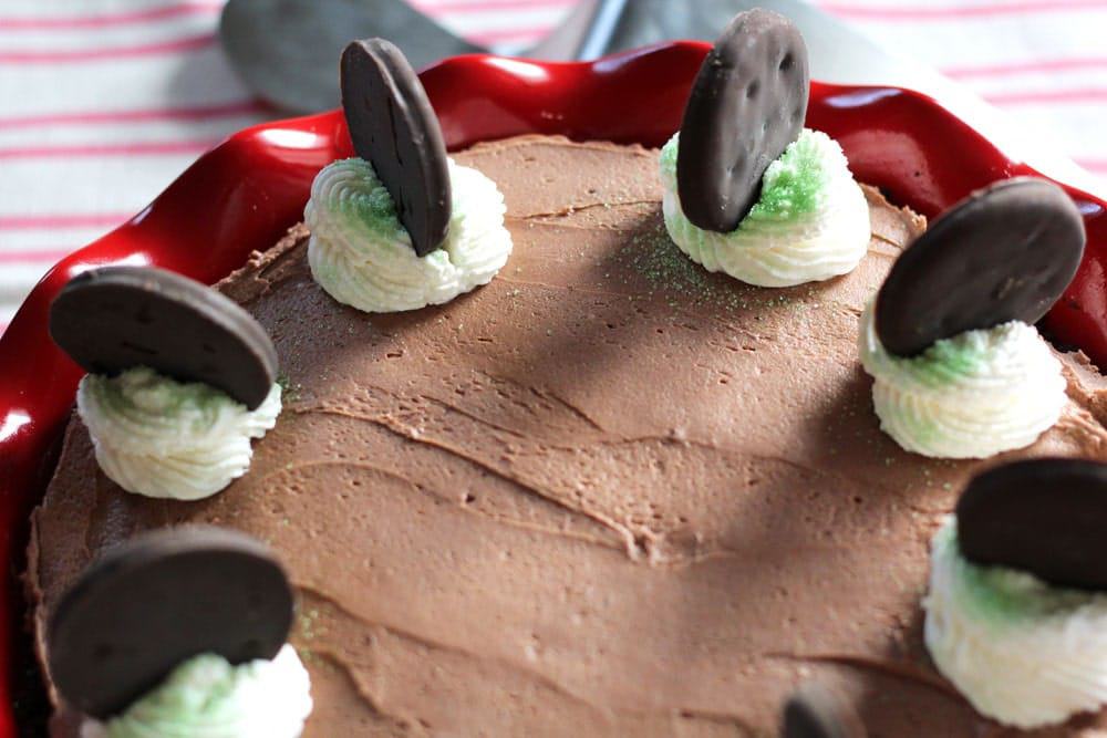 Thin Mint No-Bake Chocolate Cheesecake in a red pie pan garnished with whipped cream, green sprinkles and whole thin mint cookies