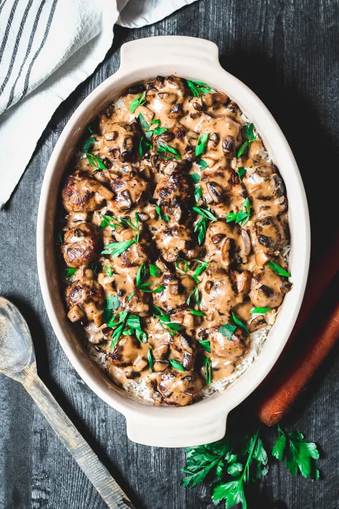 overhead view of Poor Boy Supper or meatballs covered in a mushroom gravy over white rice