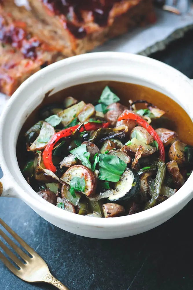 Italian Roasted Vegetables in a small white bowl