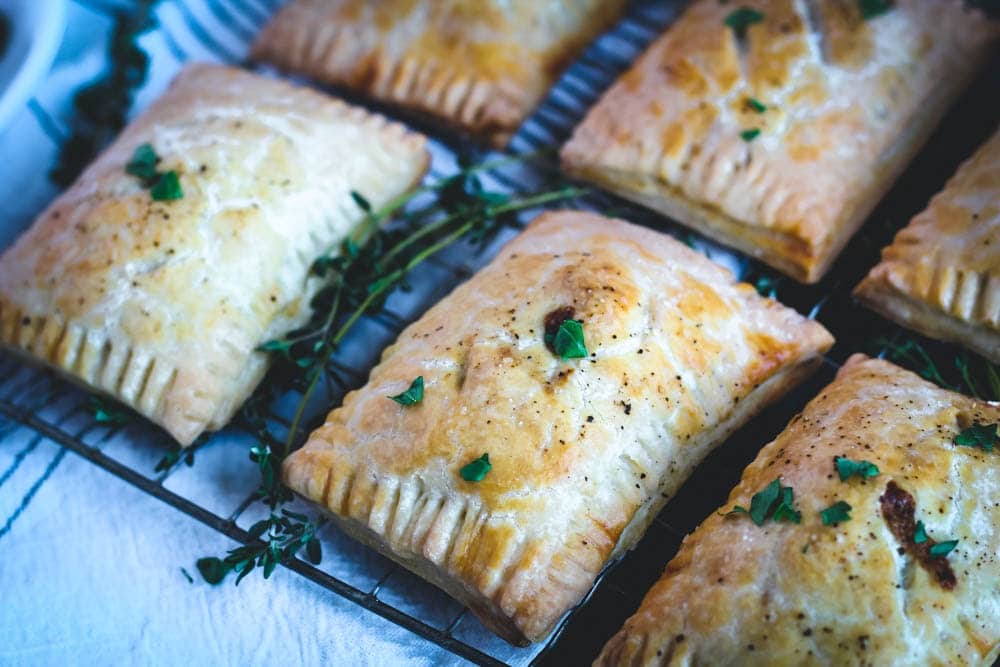 closeup view of Shepherd's Hand Pies on a cooling rack