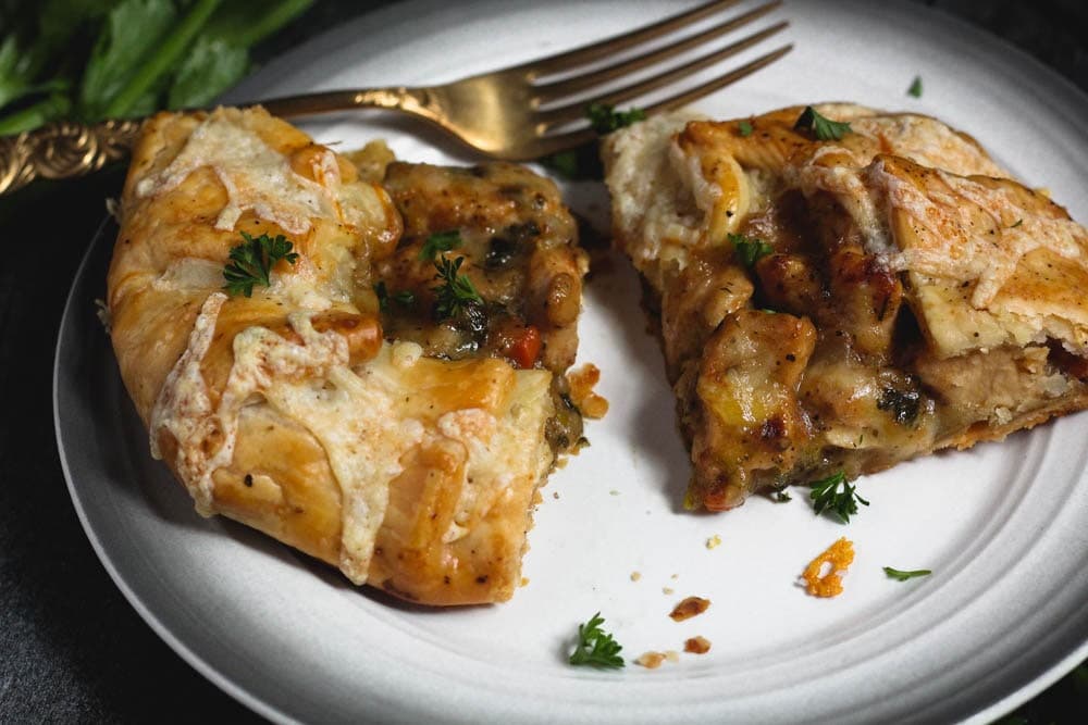 closeup shot of chicken potpie crostata pieces
