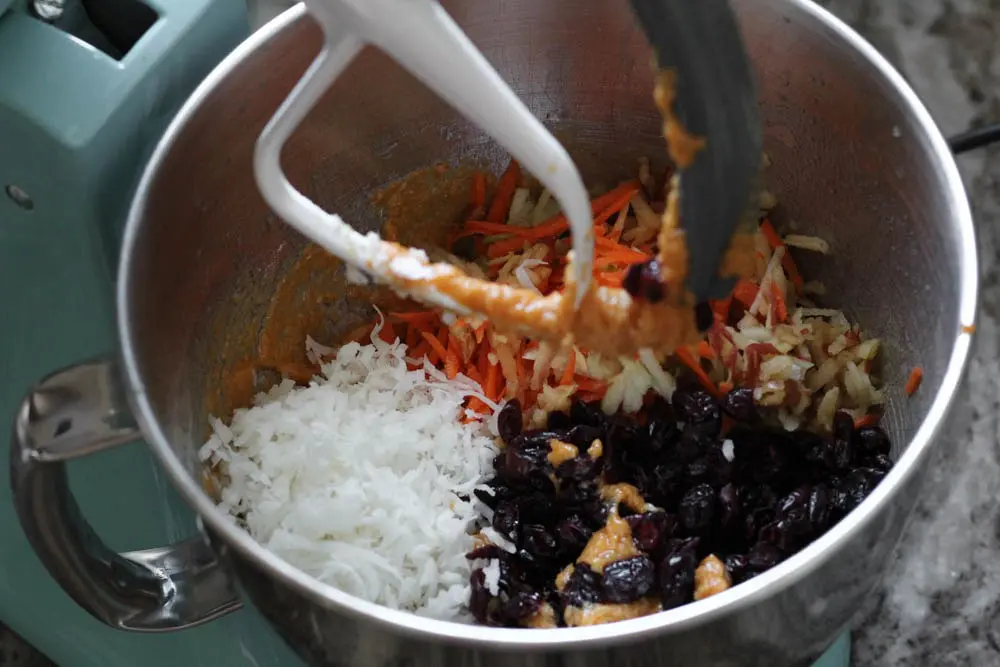 a look into the stand mixer bowl before stirring all of the mix-ins into the batter