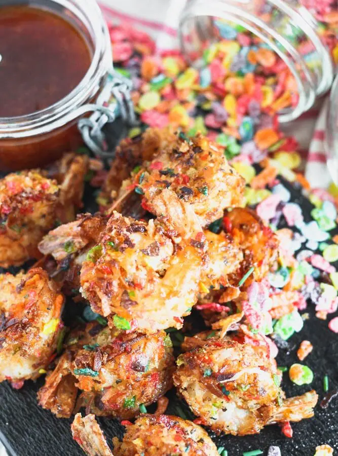 Cooked shrimp crusted in coconut and crushed fruity pebbles
