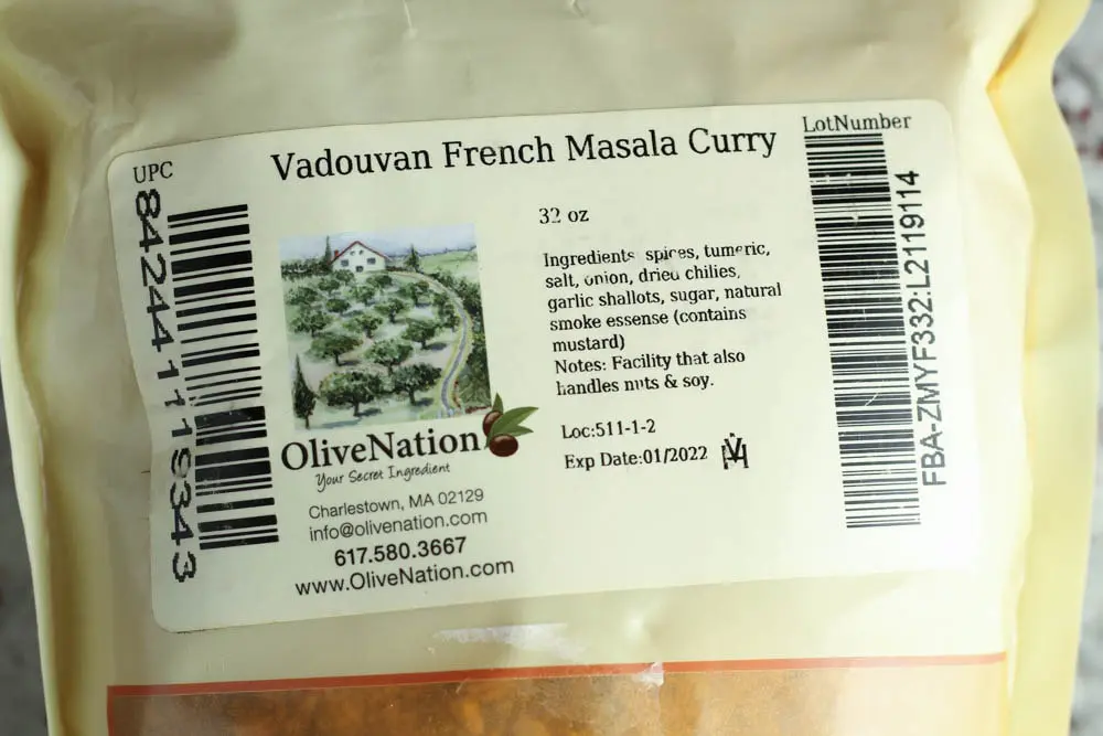 Label for Vadouvan French Masala Curry with ingredients list and brand name
