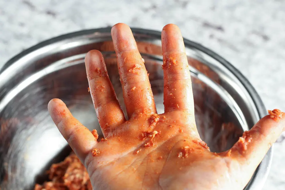 closeup of hand after mixing chorizo ingredients together without gloves so the hang has an orange cast