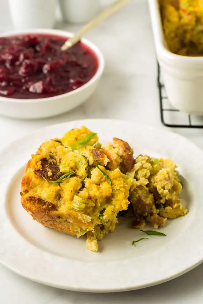 serving of traditional southern cornbread dressing with a small white bowl of cranberry sauce in the background