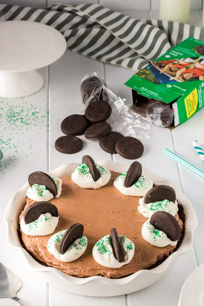 whole and unsliced brown thin mint no bake chocolate cheesecake with white dollops of whipped cream on each slice topped with bright green sprinkles and a thin mint cookies