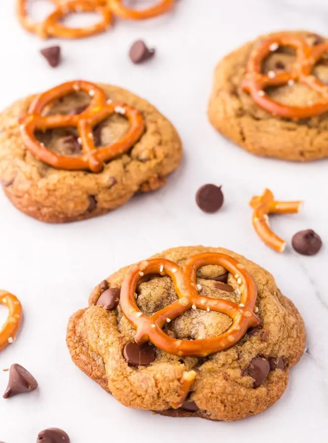 Brown Butter Chocolate Chip Cookies with Pretzels on white marble counter