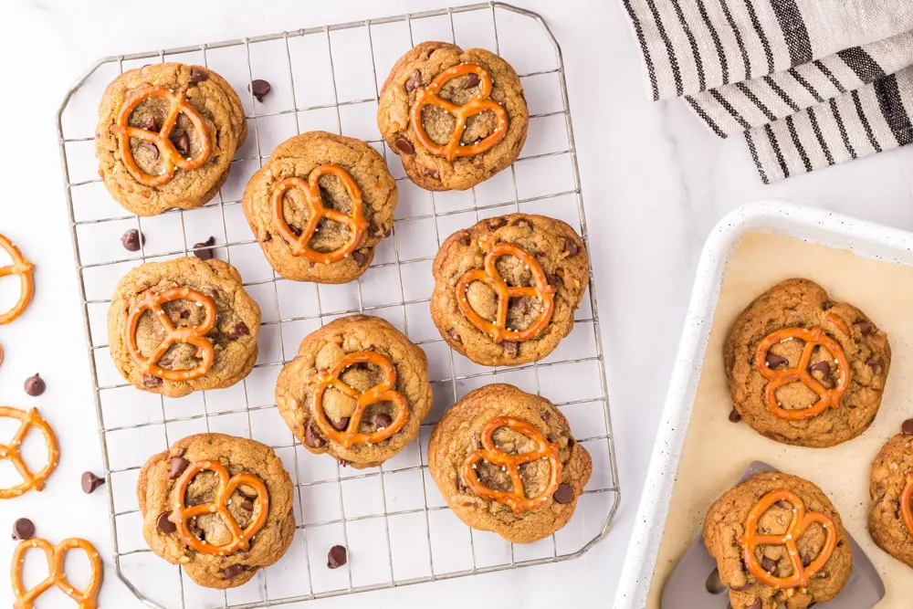 Brown Butter Chocolate Chip Cookies with Pretzels on a cooling rack