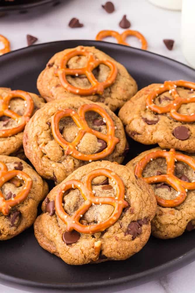 Brown Butter Chocolate Chip Cookies with Pretzels on a black plate