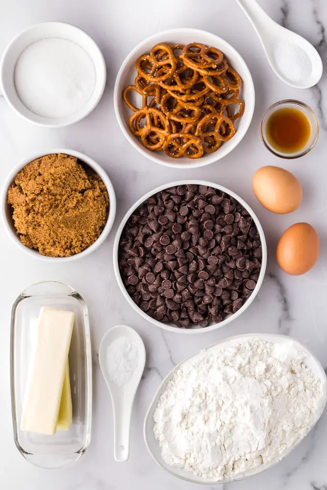 ingredients for Brown Butter Chocolate Chip Cookies with Pretzels