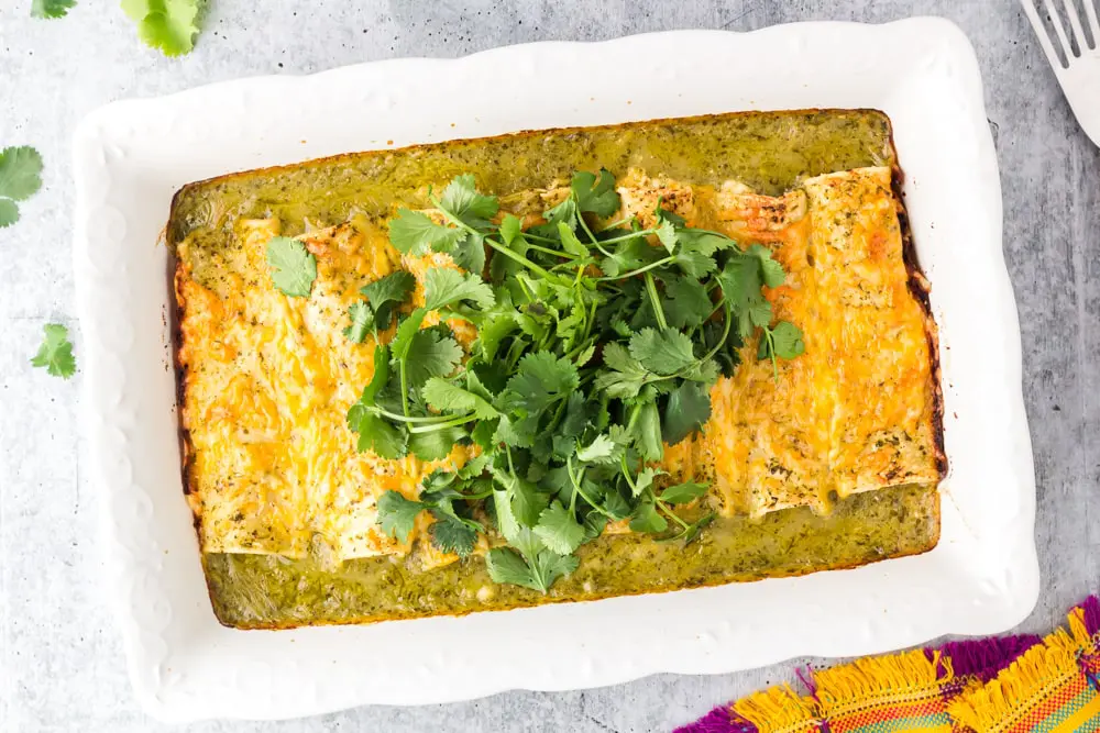 white baking dish filled with green chicken enchiladas topped with orange melted cheese and a mound of bright green cilantro