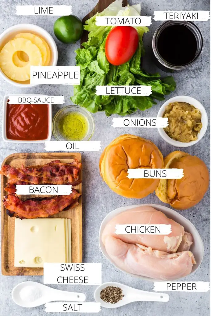 ingredients for hawaiian chicken sandwich with labels