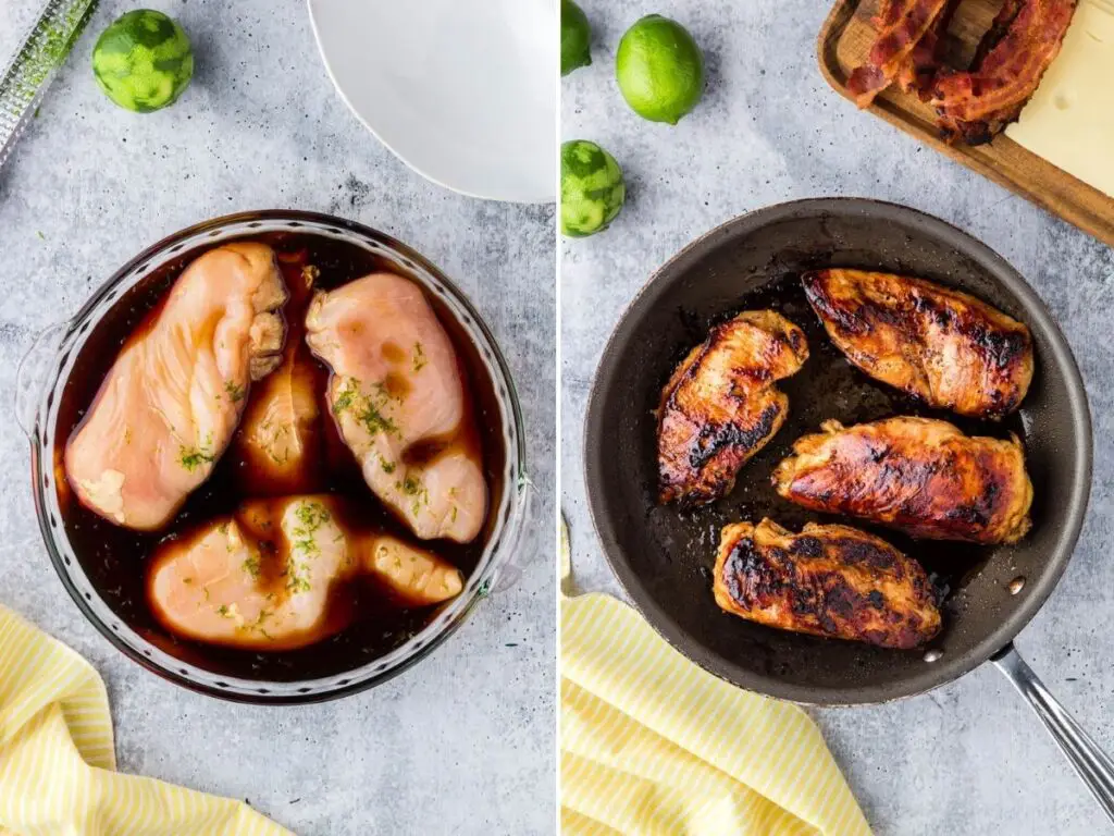 Hawaiian chicken process shots with chicken marinating and then cooked