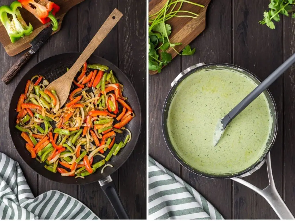 Mexican chicken lasagna process shot showing peppers and onions in a pan and saucepan of cilantro poblano cream sauce