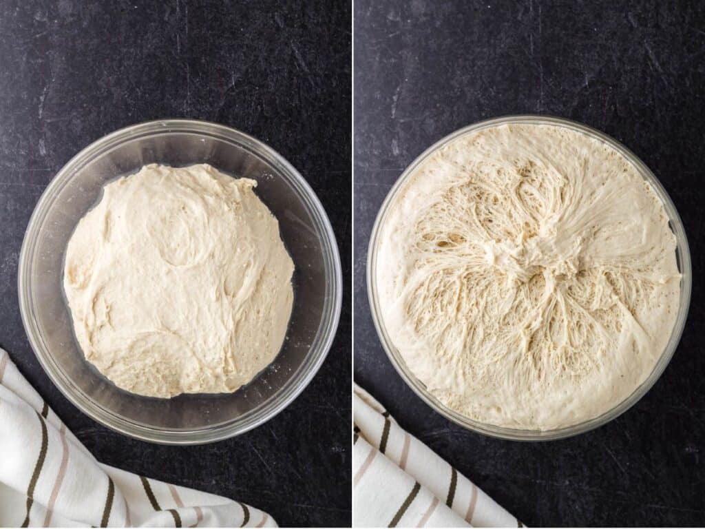 pizza dough process shots showing dough before and after rising