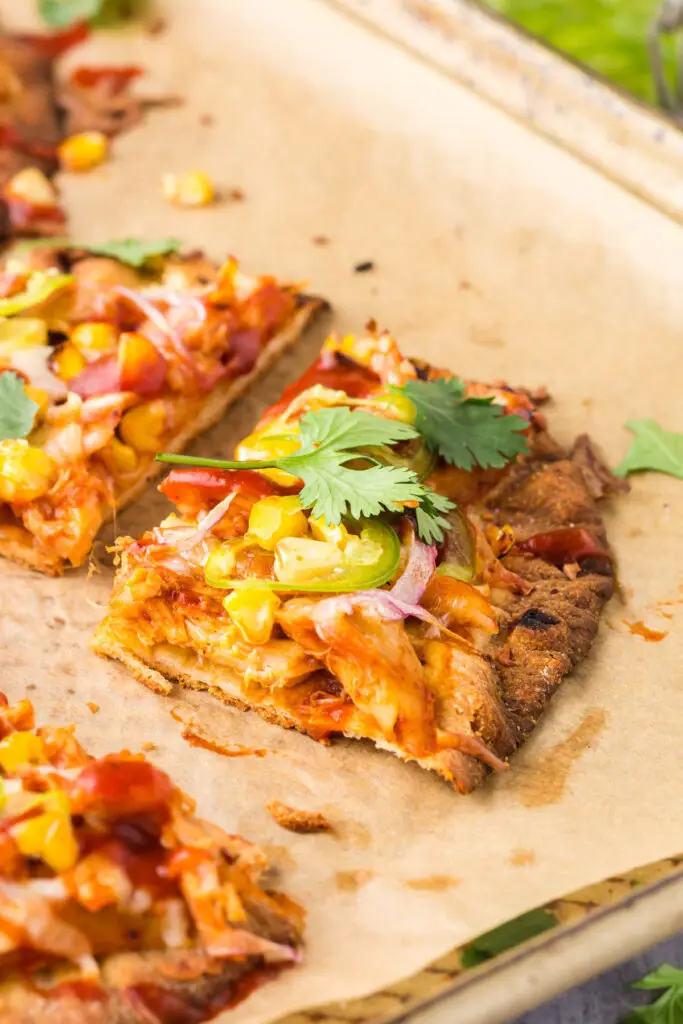 close up of piece of BBQ Chicken Flatbread