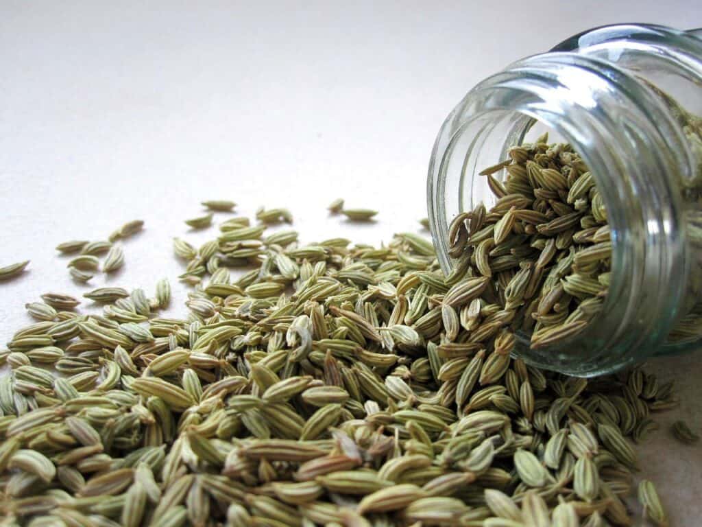 close up of fennel seeds pouring out of a glass container