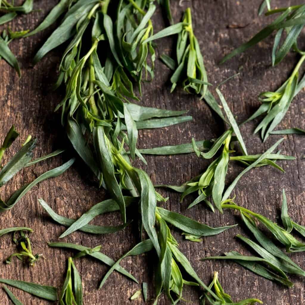 fresh tarragon leaves on a dark wooden board.