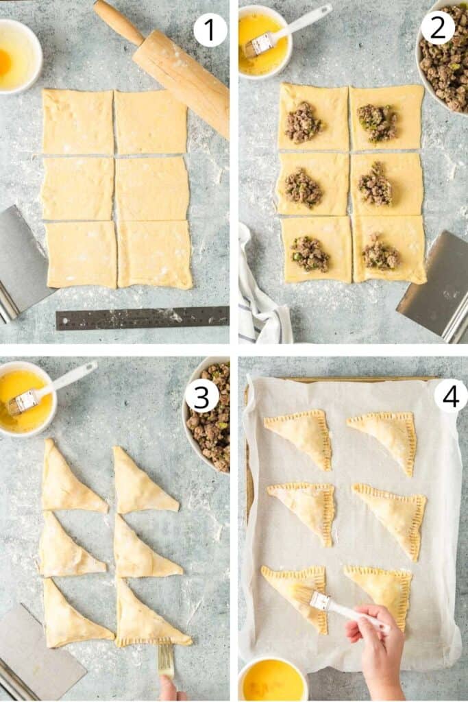 collage of course steps to assemble meat pies: cut dough, fill with met, fold over dough and seal.