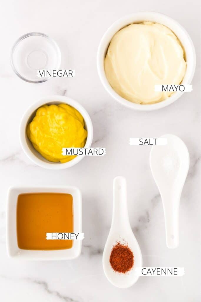 Ingredients for spicy honey mustard dipping sauce.