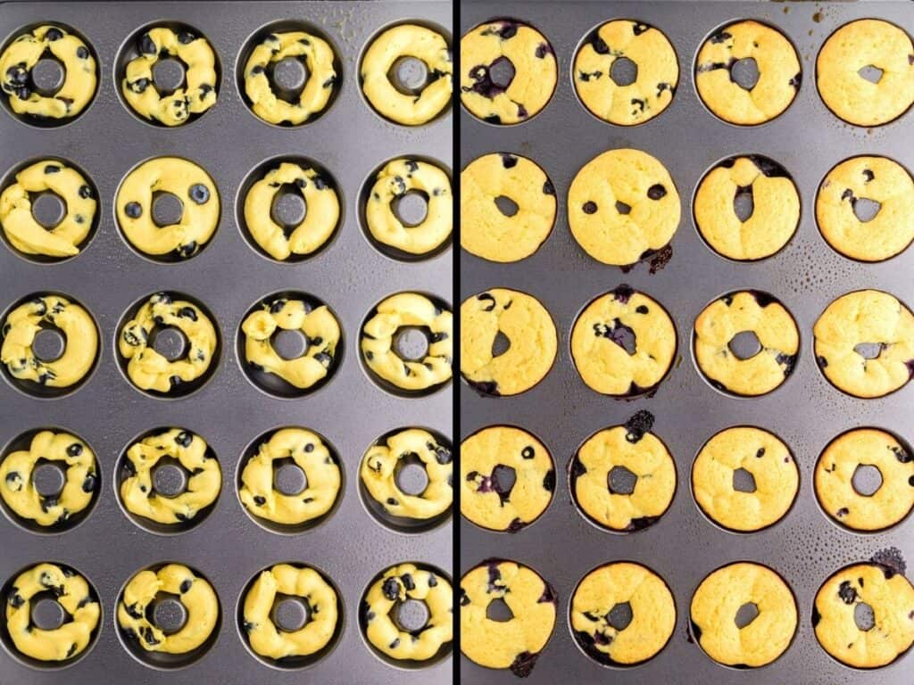 Side by side photos of raw donut batter piped into the donut pan versus the baked donuts in the donut pan.