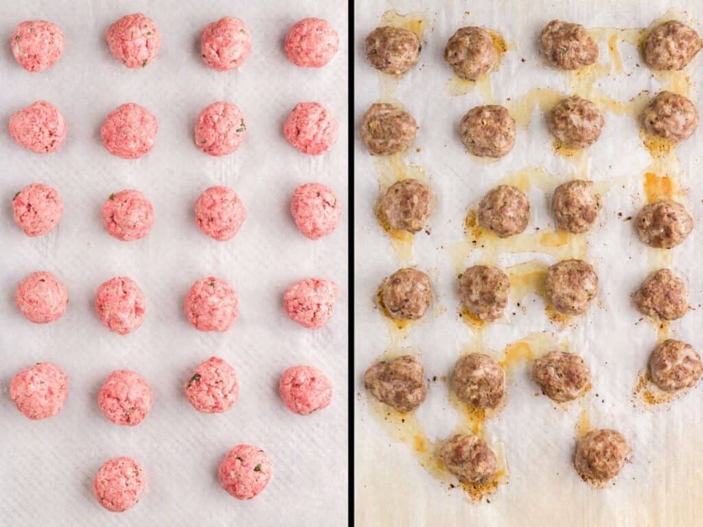 Side by side of raw mini meatballs on a parchment paper lined baking sheet versus the cooked mini meatballs.