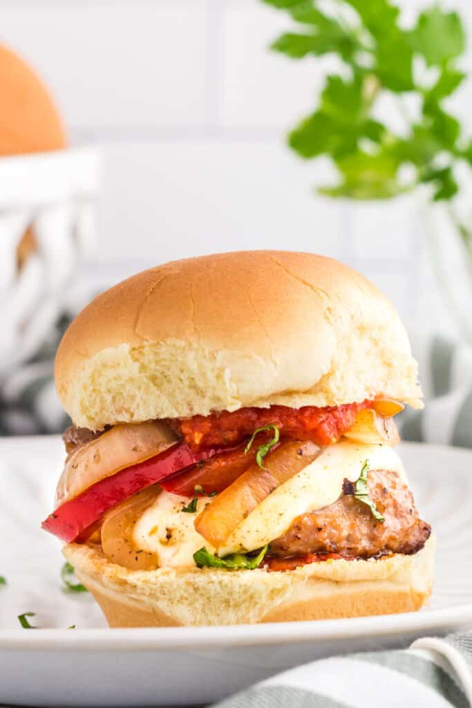 Pizza Burger Slider close up on a white plate.