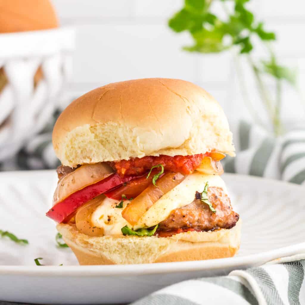 Pizza Burger Slider close up on a white plate.