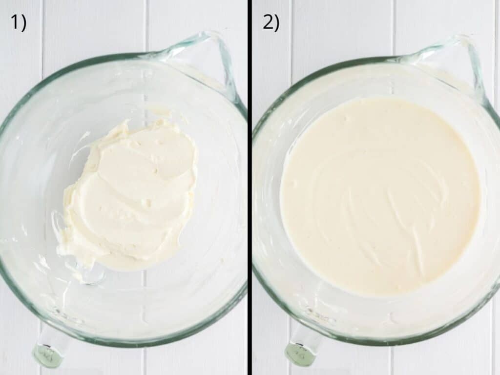 Split screen showing the first two steps to make the cheesecake filling. First, whip the cream cheese and then combine it with sweetened condensed milk, sour cream, lemon and vanilla.