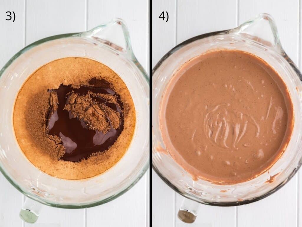 Split screen showing steps 3 and 4 in preparing the cheesecake filling. Both sides have a glass bowl. The left shows the the plain cheesecake topped with cocoa powder, melted chocolate, and espresso. The photo on the right shows those ingredients completely combined.