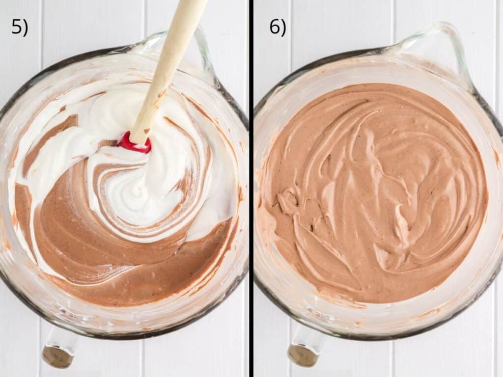 Split screen showing that last two steps in preparing the cheesecake filling. Both sides have a glass bowl. The left shows the chocolate cheesecake and whipped cream swirled together. The photo on the right shows the chocolate cheesecake and whipped cream totally incorporated.