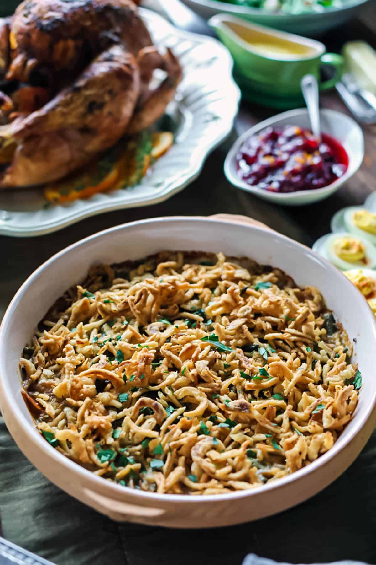 Green bean casserole on Thanksgiving table.