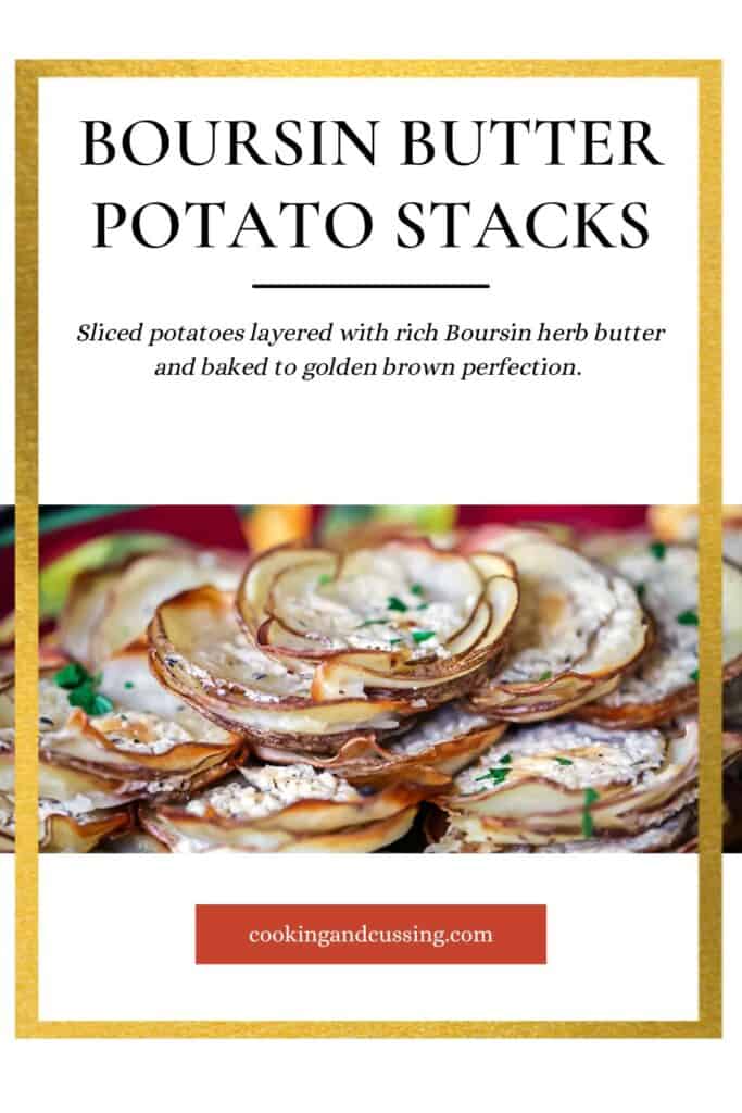 Boursin potato stacks piled high on a red plate.