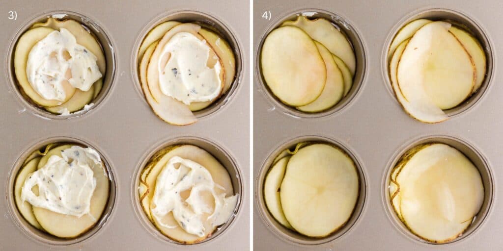 Steps 3 and 4 in assembling potato stacks before baking.