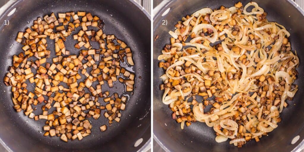 Process photos showing browned mushrooms and then browned onions, garlic, and mushrooms.