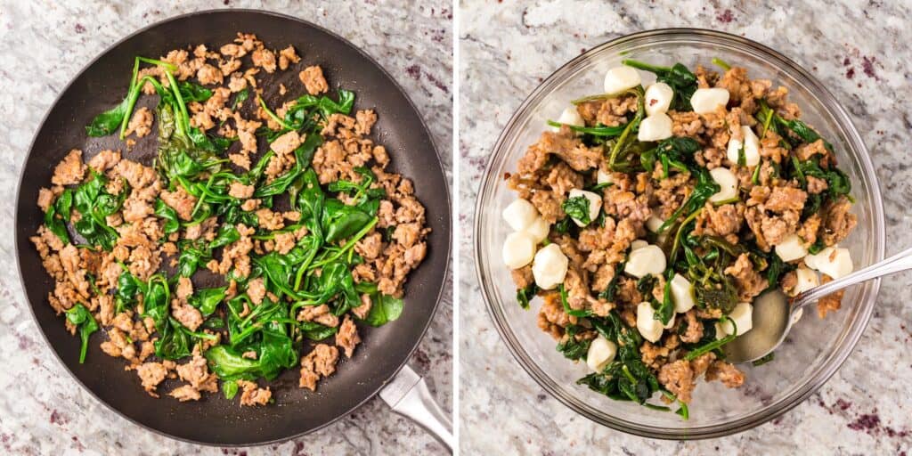 Sausage and spinach cooked in a large black pan next to the sausage being combined with mozzarella in a glass bowl.