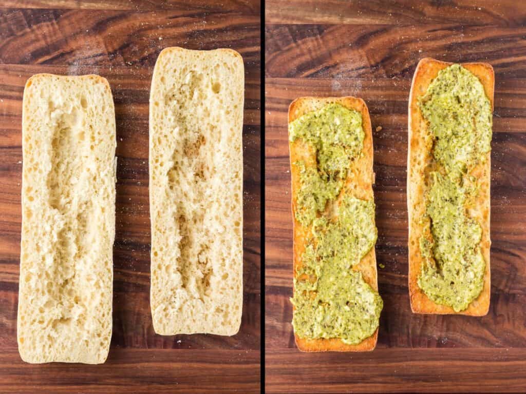 Bread for french bread pizza before toasting and after toasting and filling with sauce.